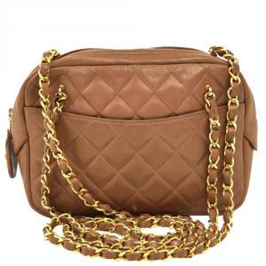 Pre Owned Chanel Beige Quilted Lambskin Leather Double Pocket Small Shoulder Bag
