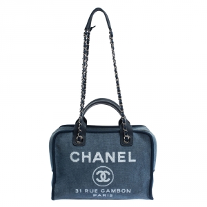 Pre Owned Chanel Blue Denim and Leather Deauville Bowler Bag