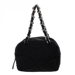 Pre Owned Chanel Black Jersey Small CC Bowler Bag