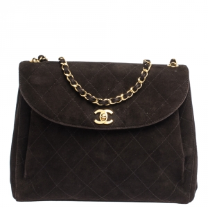 Pre Owned Chanel Dark Brown Quilted Suede Vintage Flap Bag