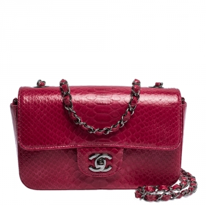 Pre Owned Chanel Fuchsia Python Small Classic Single Flap Bag