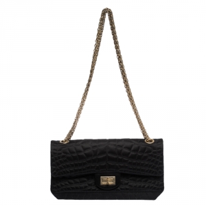 Pre Owned Chanel Black Croc Satin Reissue 225 Flap Bag