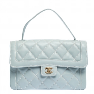 Pre Owned Chanel Powder Blue Wild Stitch Leather Flap Top Handle Bag