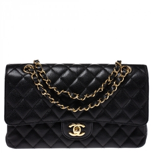 Pre Owned Chanel Black Quilted Caviar Leather Medium Classic Double Flap Bag