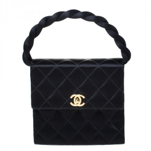 Pre Owned Chanel Black Satin Vintage Classic Flap Braided Handle Bag