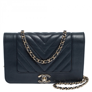 Chanel Navy Blue Chevron Leather Mademoiselle Wallet On Chain
