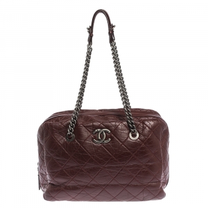 Pre Owned Chanel Burgundy Crinkled Quilted Leather Chain Bowler Bag