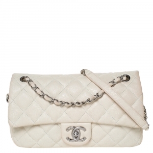 Pre Owned Chanel White Caviar Leather Easy Medium Flap Shoulder Bag