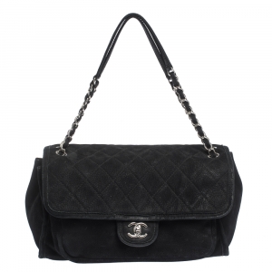 Pre Owned Chanel Black Quilted Nubuck CC Flap Shoulder Bag