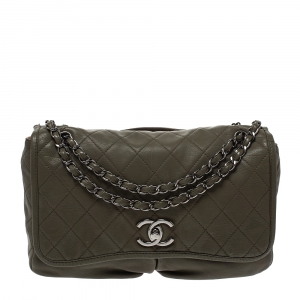Chanel Mossy Green Quilted Leather Large Split Pocket Flap Shoulder Bag