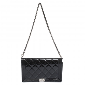 Chanel Black Quilted Patent Leather Boy Wallet On Chain
