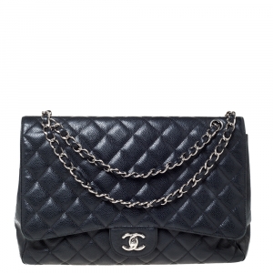 Pre Owned Chanel Black Quilted Caviar Leather Maxi Classic Single Flap Bag