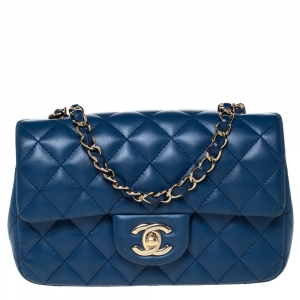 Pre Owned Chanel Blue Quilted Leather New Mini Classic Single Flap Bag