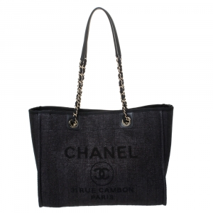 Pre Owned Chanel Black Straw and Leather Small Deauville Shopper Tote