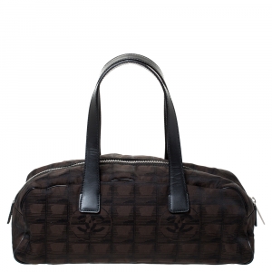 Pre Owned Chanel Dark Brown Printed Nylon Travel Ligne Bowler Bag