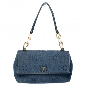 Pre Owned Chanel Blue CC Print Denim Vintage Single Flap Bag