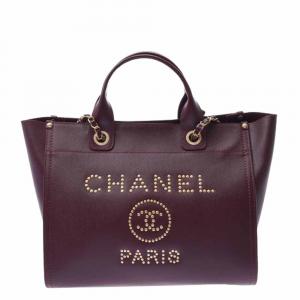 Pre Owned Chanel Bordeaux Leather Deauville Studded Logo Tote Bag