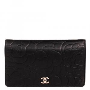 Chanel Black Embossed Leather Camellia Bifold Flap Wallet