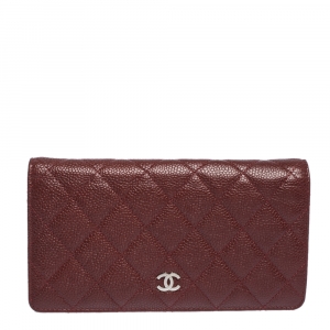 Chanel Burgundy Quilted Caviar Leather CC Yen Continental Wallet