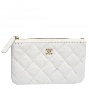 مملوكة مسبقًا Chanel White Caviar Leather Mini O-Case Zip Pouch