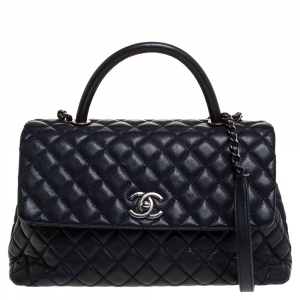 Pre Owned Chanel Navy Blue Caviar Leather Coco Top Handle Bag