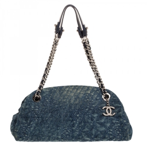 Pre Owned Chanel Blue Camellia Embroidered Denim Just Mademoiselle Bowling Bag