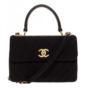 Pre Owned Chanel Black Quilted Jersey Small Coco Top Handle Bag