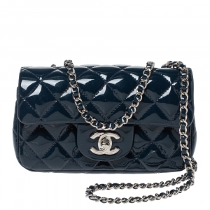 Pre Owned Chanel Blue Patent Leather Extra Mini Classic Flap Bag