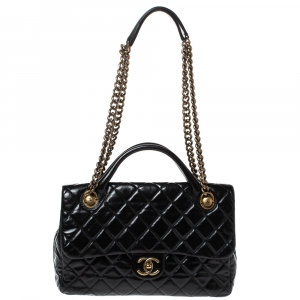 Pre Owned Chanel Black Quilted Glazed Leather Medium Castle Rock Top Handle Bag