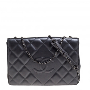 Pre Owned Chanel Metallic Grey Quilted Leather Diamond CC Flap Bag