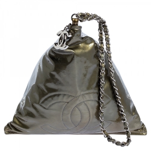 Chanel Olive Green Patent Leather Bon Bon Pyramid Chain Clutch