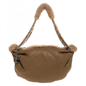 Pre Owned Chanel Light Brown Quilted Leather and Shearling Accordion Bag