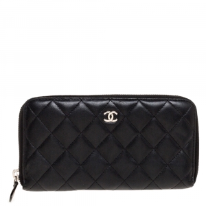 Chanel Black Quilted Leather CC Zip Around Wallet