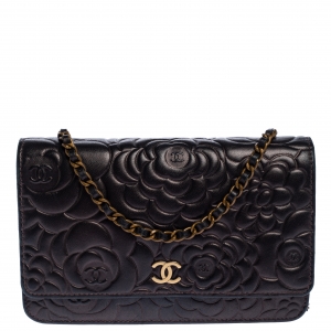 Pre Owned Chanel Metallic Bronze Leather Camellia Wallet on Chain