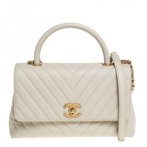 Pre Owned Chanel White Quilted Caviar Leather Small Coco Top Handle Bag