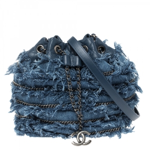 Pre Owned Chanel Blue Denim CC Fringe Drawstring Bucket Bag