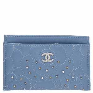 Chanel Light Blue Leather Crystal Embellished Camellia Embossed Card Holder