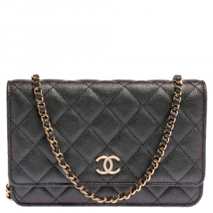 Pre Owned Chanel Holographic Quilted Caviar Leather Classic Wallet On Chain 