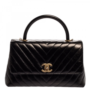 Pre Owned Chanel Black Crinkled Chevron Leather Small Coco Top Handle Bag