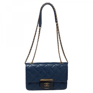 Pre Owned Chanel Blue Leather Mini Beauty Lock Flap Bag
