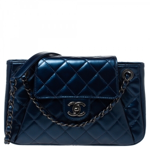 Pre Owned Chanel Blue Glazed Leather Paris Seoul Accordion Flap Bag