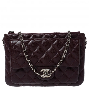 Pre Owned Chanel Dark Burgundy Quilted Caviar Leather Front Pocket Chain Bag