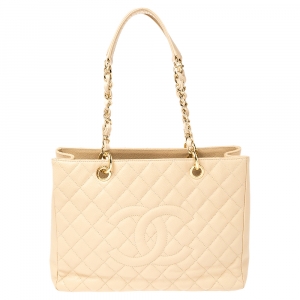 مملوكة مسبقًا Chanel Beige Quilted Caviar Leather Grand Shopping Tote