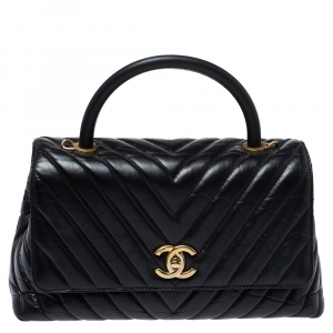 Pre Owned Chanel Black Chevron Aged Leather Small Coco Top Handle Bag