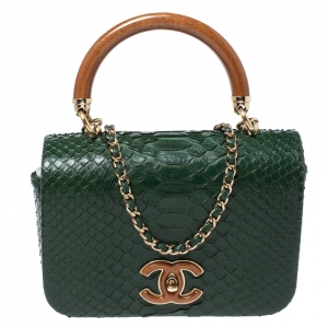 Pre Owned Chanel Green Python CC Top Handle Bag