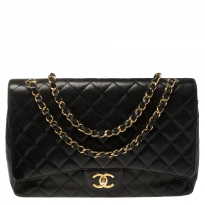 Pre Owned Chanel Black Quilted Caviar Leather Maxi Classic Double Flap Bag
