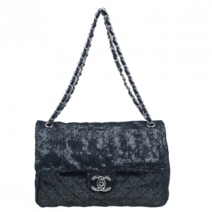 Chanel Black Hidden Sequins Classic Maxi Flap Bag