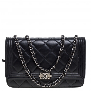 Chanel Black Quilted Leather Boy Wallet on Chain