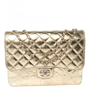 مملوكة مسبقًا Chanel Metallic Gold Crackled Leather Medium Clam's Pocket Flap Bag