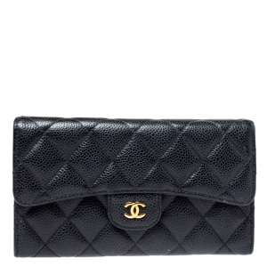 Pre Owned Chanel Black Quilted Caviar Leather Classic Flap Wallet